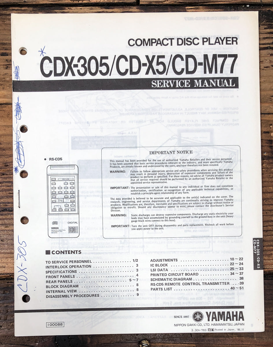 Yamaha CDX-305 CD-X5 CD-M77  Service Manual *Original*