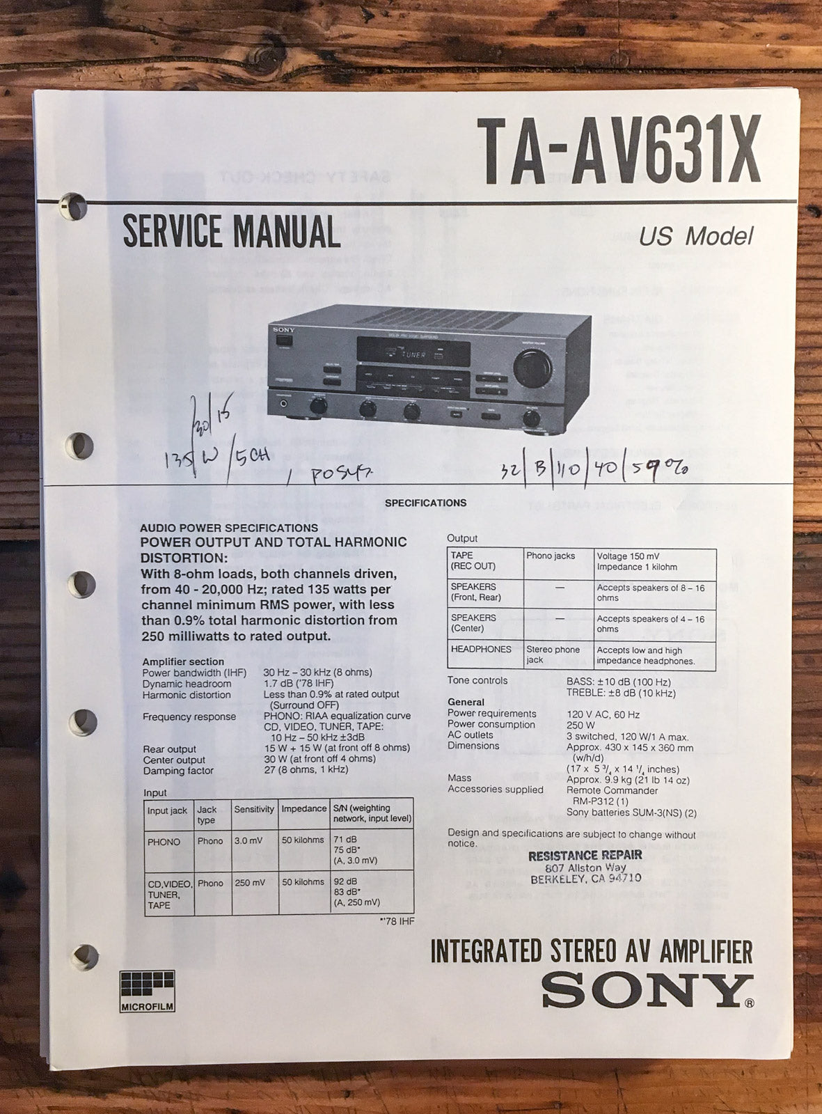 Sony TA-AV631X Amplifier  Service Manual *Original*