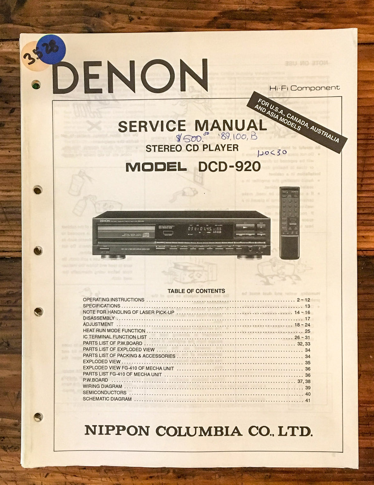 Denon DCD-920 CD Player  Service Manual *Original*