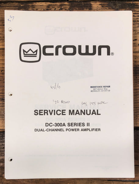 Crown DC-300A Series II Amplifier  Service Manual *Original*