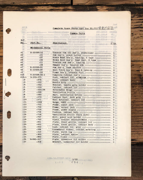 Sony TC-777 -2 -4 Reel to Reel Parts List Manual *Original*