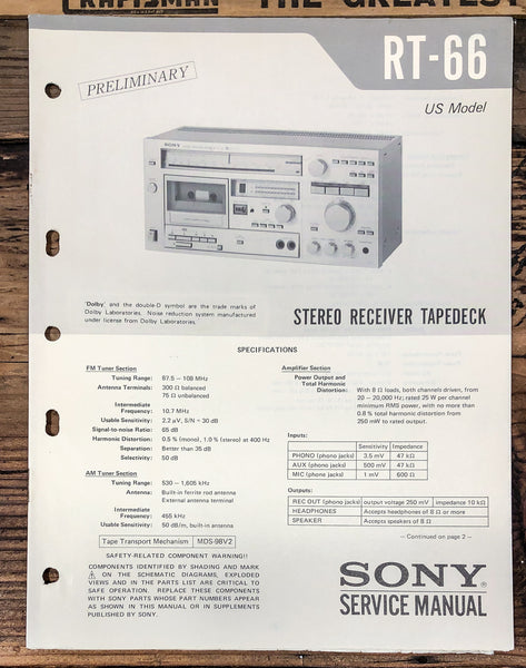 Sony RT-66 Receiver Preliminary Service Manual *Original*