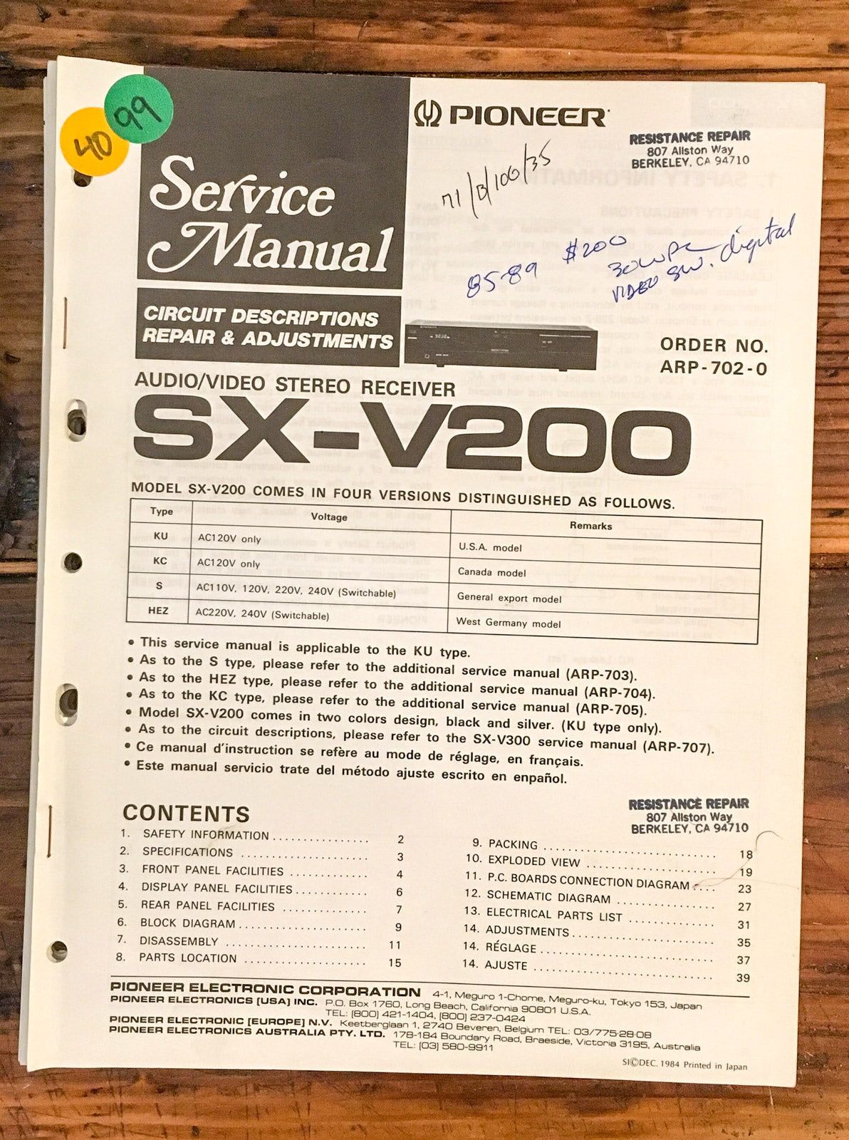 Pioneer SX-V200 Receiver  Service Manual *Original*