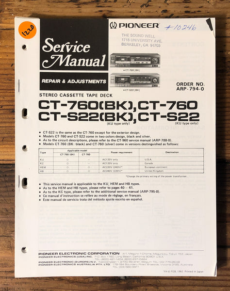 Pioneer CT-760 CT-S22 Cassette  Service Manual *Original*