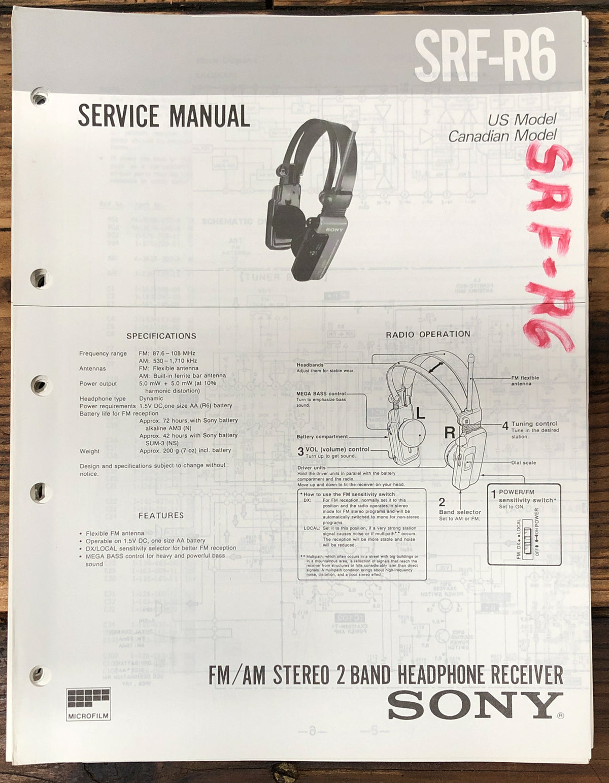 Sony SRF-R6 Portable Radio / Receiver  Service Manual *Original* #1