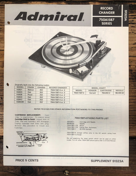 Admiral 750A 1587 Record Player / Turntable Service Manual *Original*