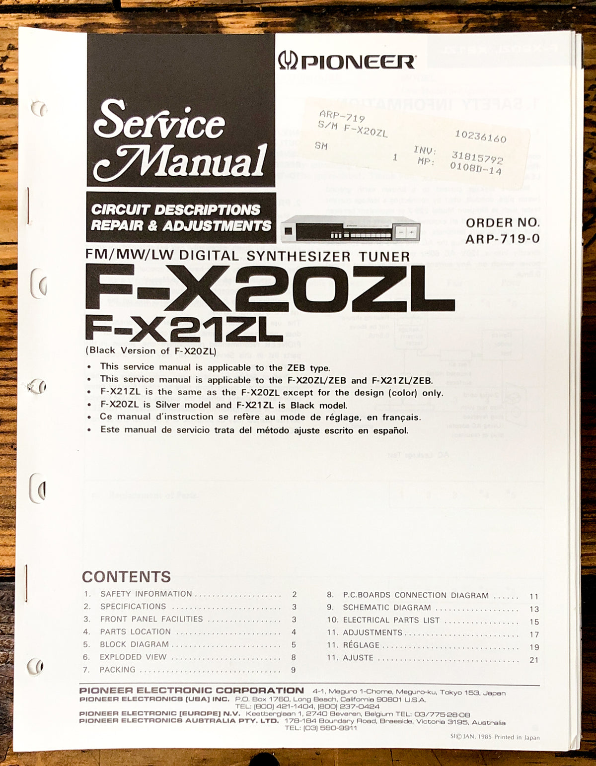 Pioneer F-X20ZL F-X21ZL Tuner Service Manual *Original*