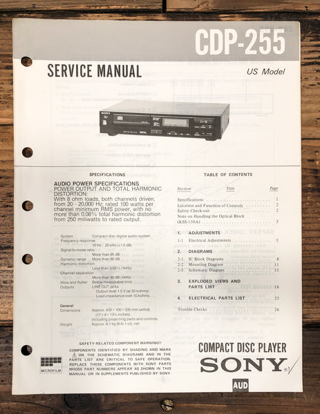 Sony CDP-255 CD Player Service Manual *Original*