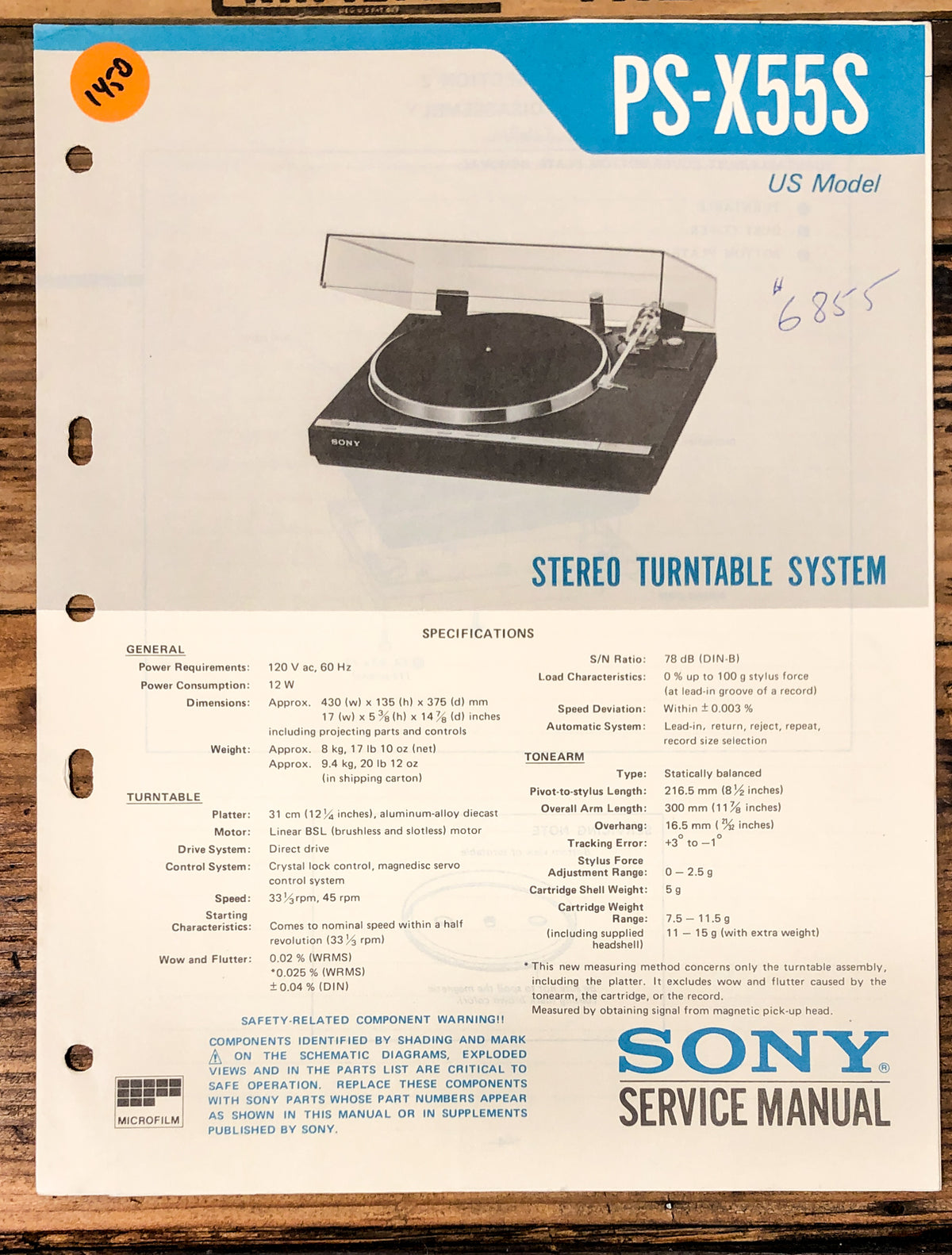 Sony PS-X55S Record Player / Turntable  Service Manual *Original*