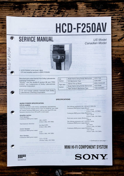 Sony HCD-F250AV Stereo  Service Manual *Original*