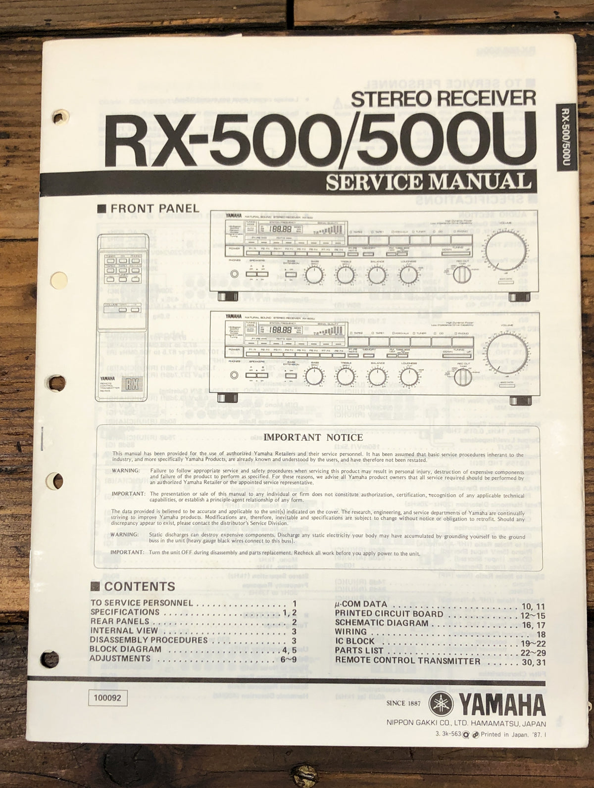 Yamaha RX-500 RX-500U Receiver Service Manual *Original*