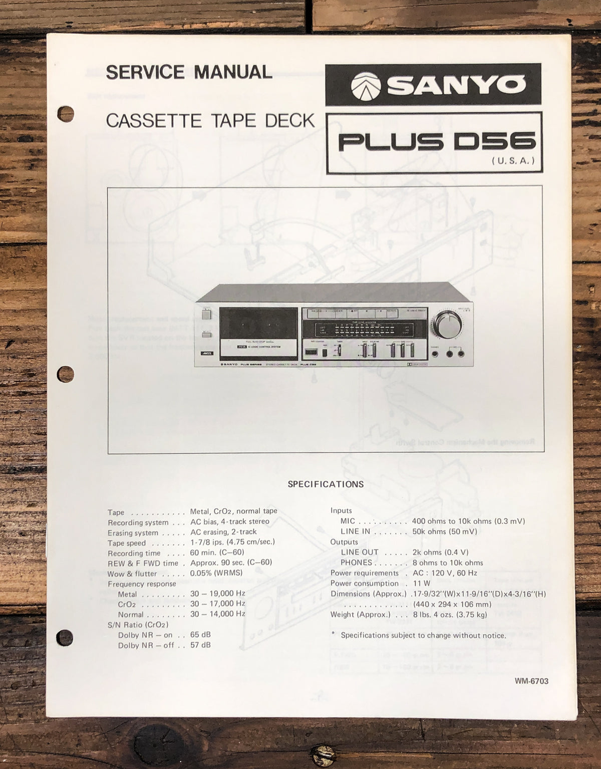 Sanyo PLUS D56 Cassette Service Manual *Original*