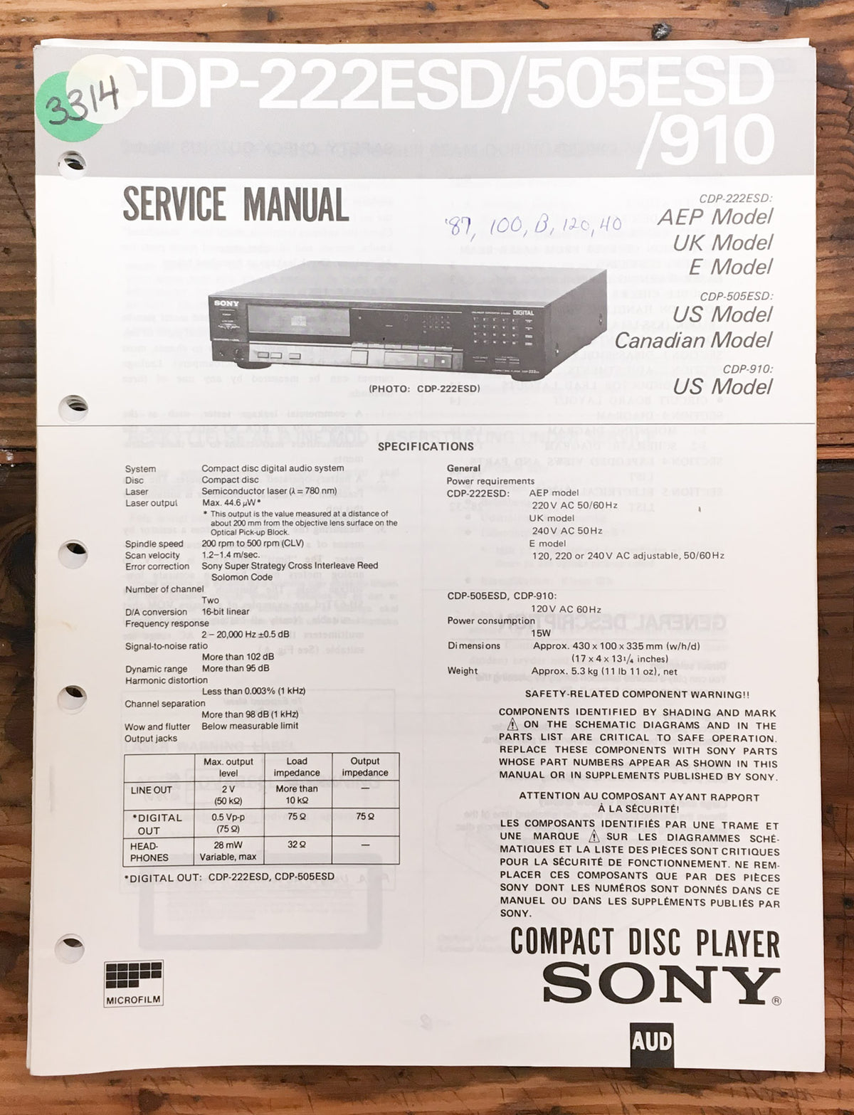 Sony CDP-222ESD CDP-505ESD CDP-910 CD Player  Service Manual *Original*