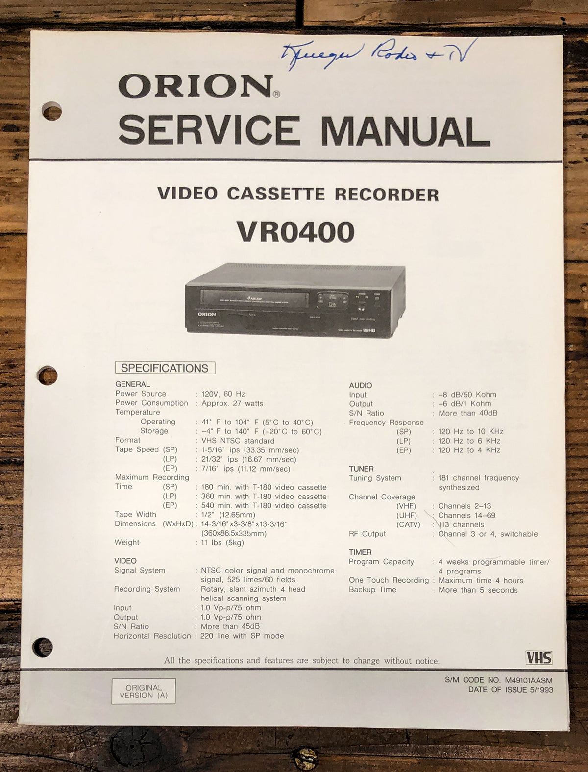 Orion  VR0400 VCR Service Manual *Original*