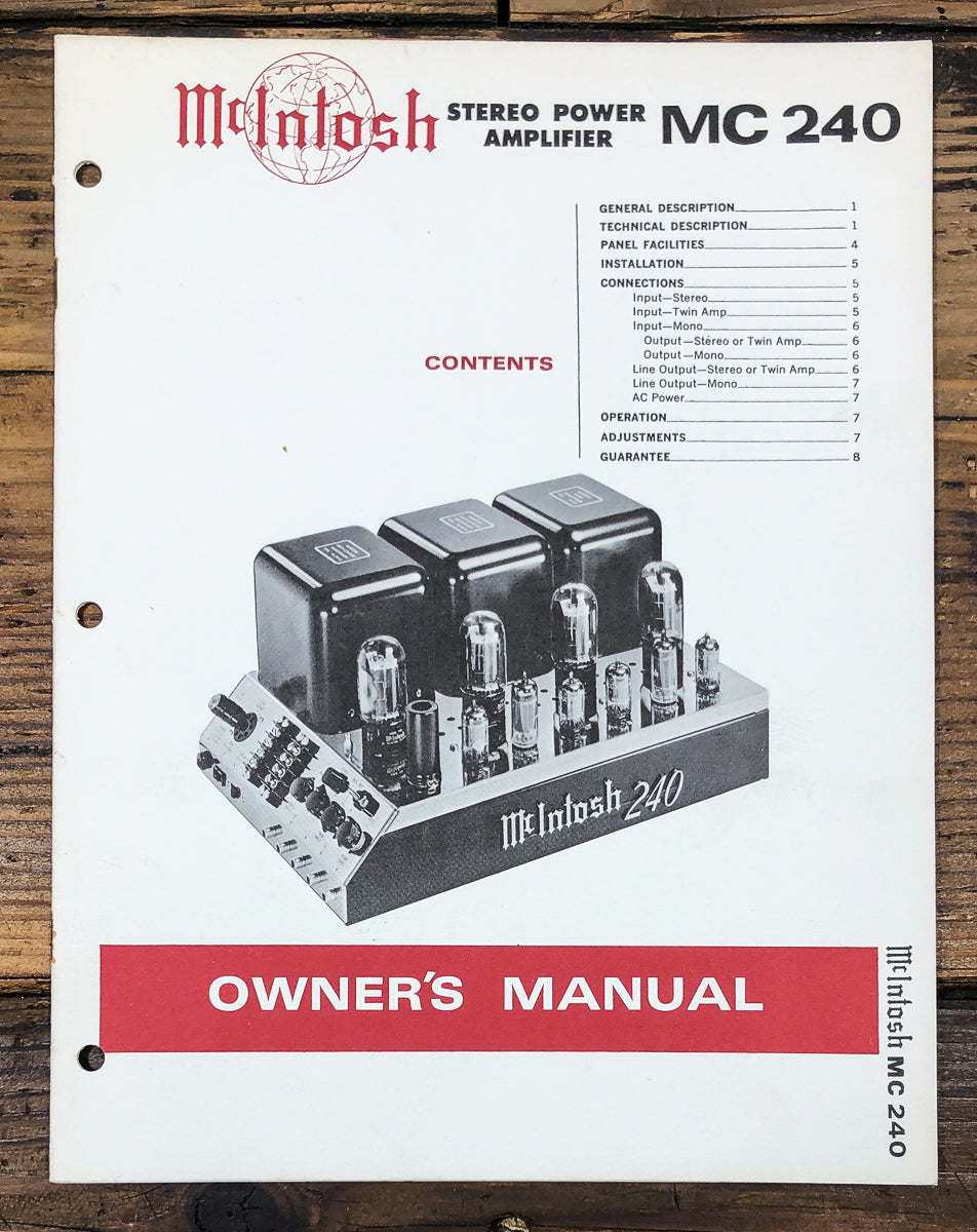 McIntosh MC-240 MC240 Amplifier Original Issue Owners / User Manual *Original*
