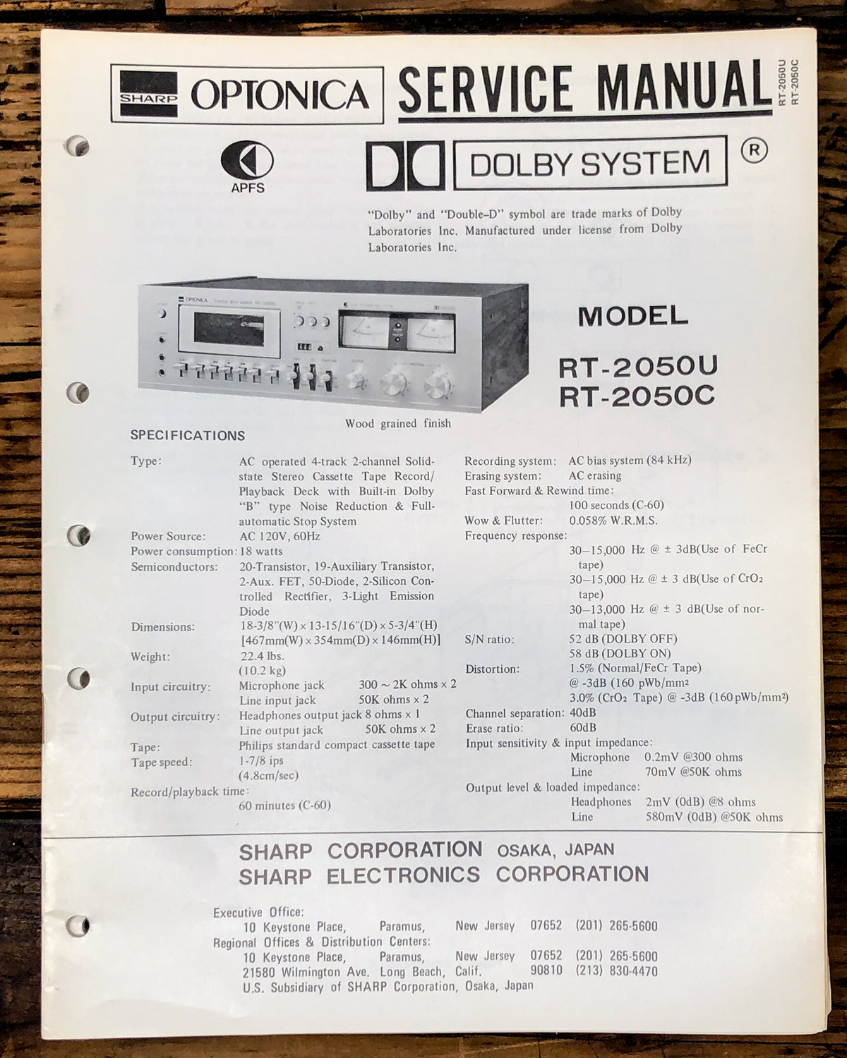 Sharp RT-2050U RT-2050C Cassette Service Manual *Original*
