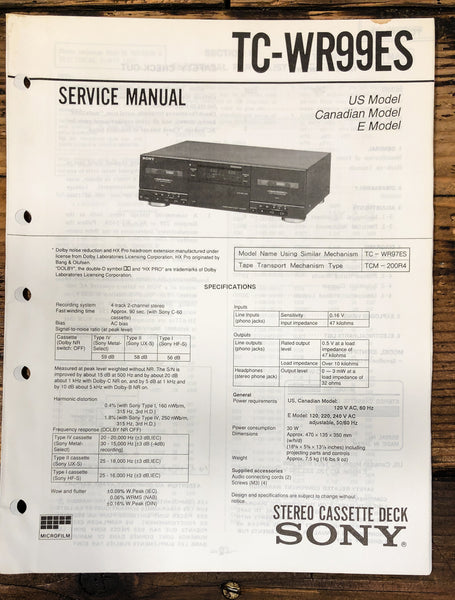 Sony TC-WR99ES Cassette Service Manual *Original*