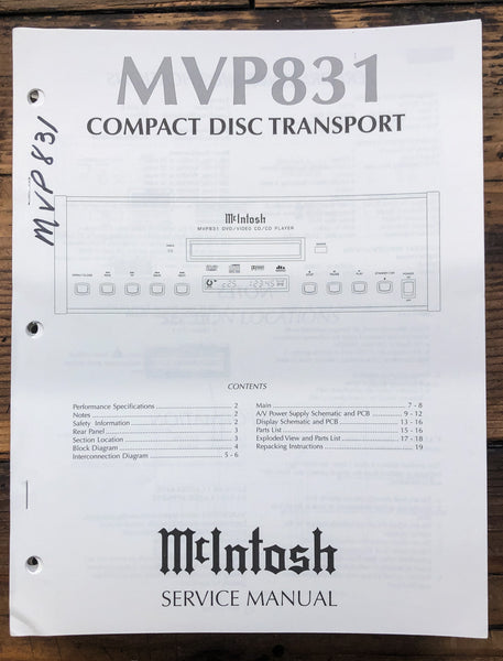 McIntosh MVP831 MVP-831 CD Transport  Service Manual *Original*