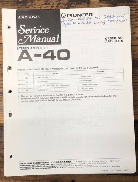 Pioneer A-40 Amplifier Add. Service Manual *Original*