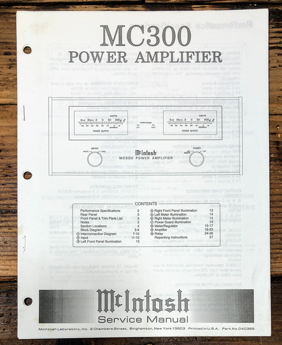 McIntosh MC-300 MC300 Amplifier Service Manual *Original*
