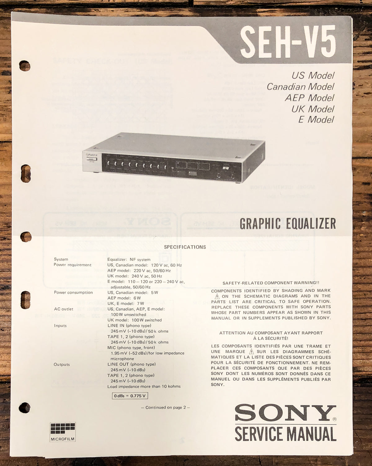 Sony SEH-V5 Equalizer Service Manual *Original*