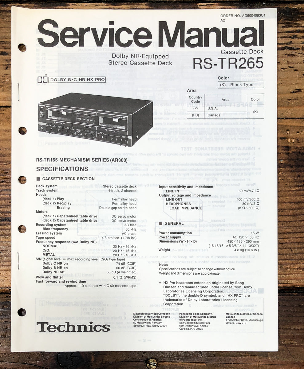 Technics RS-TR265 Cassette Service Manual *Original*