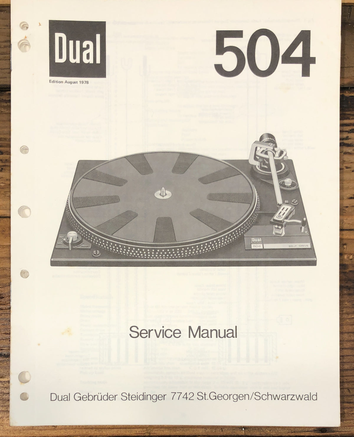 Dual Model 504 Record Player / Turntable Service Manual *Original*