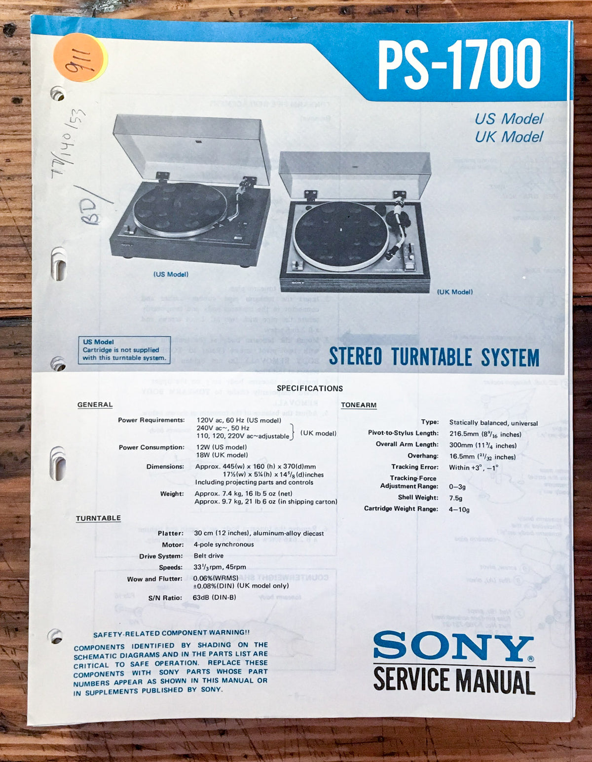 Sony PS-1700 Record Player / Turntable  Service Manual *Original*