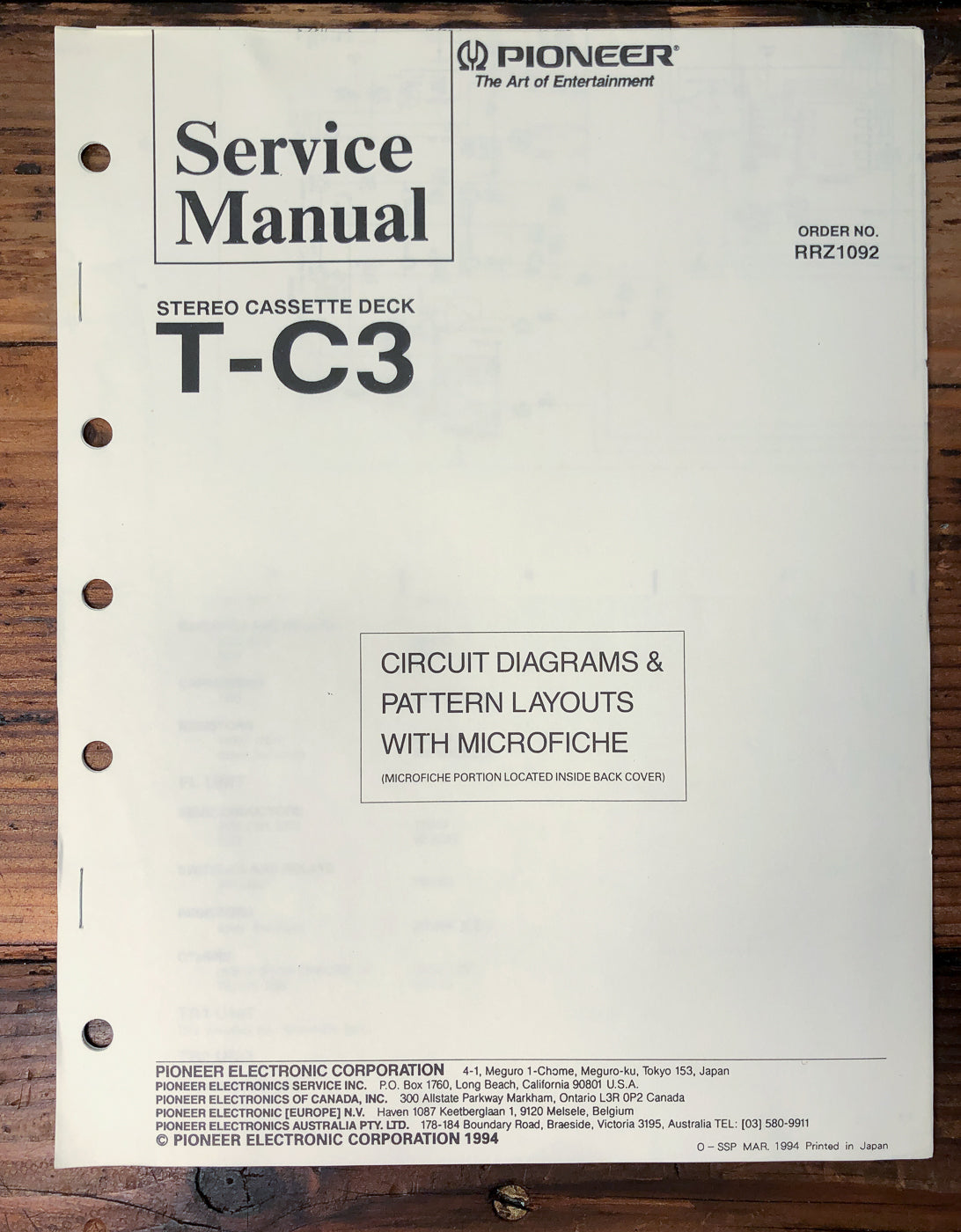 Pioneer T-C3 RRZ1092 Cassette Deck Service Manual *Original*