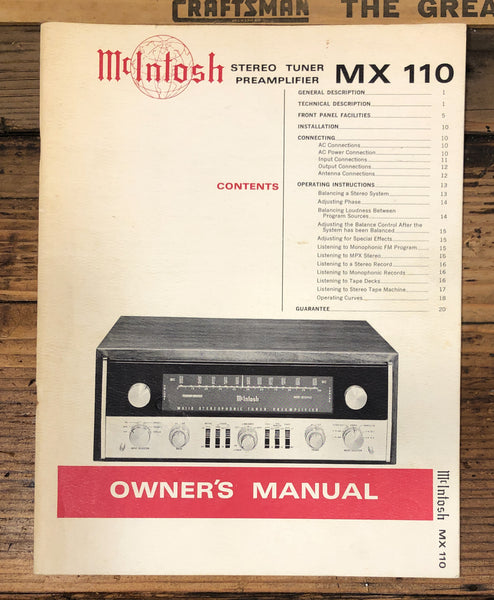 McIntosh Model MX-110 MX110 Preamplifier Owners / User Manual *Original*