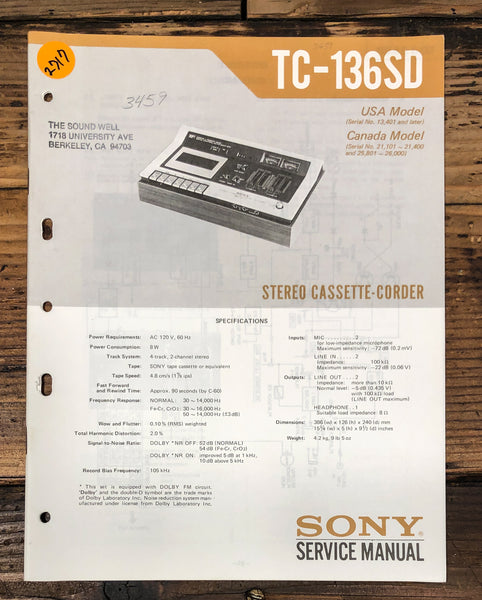 Sony TC-136SD Cassette Service Manual *Original*