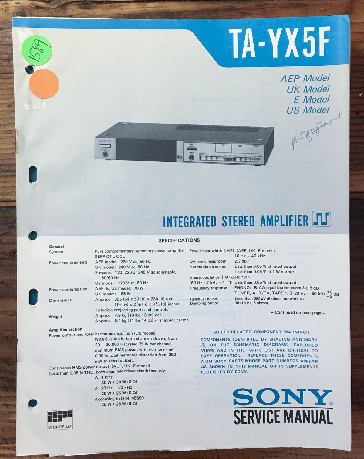 Sony TA-YX5F Amplifier  Service Manual *Original*