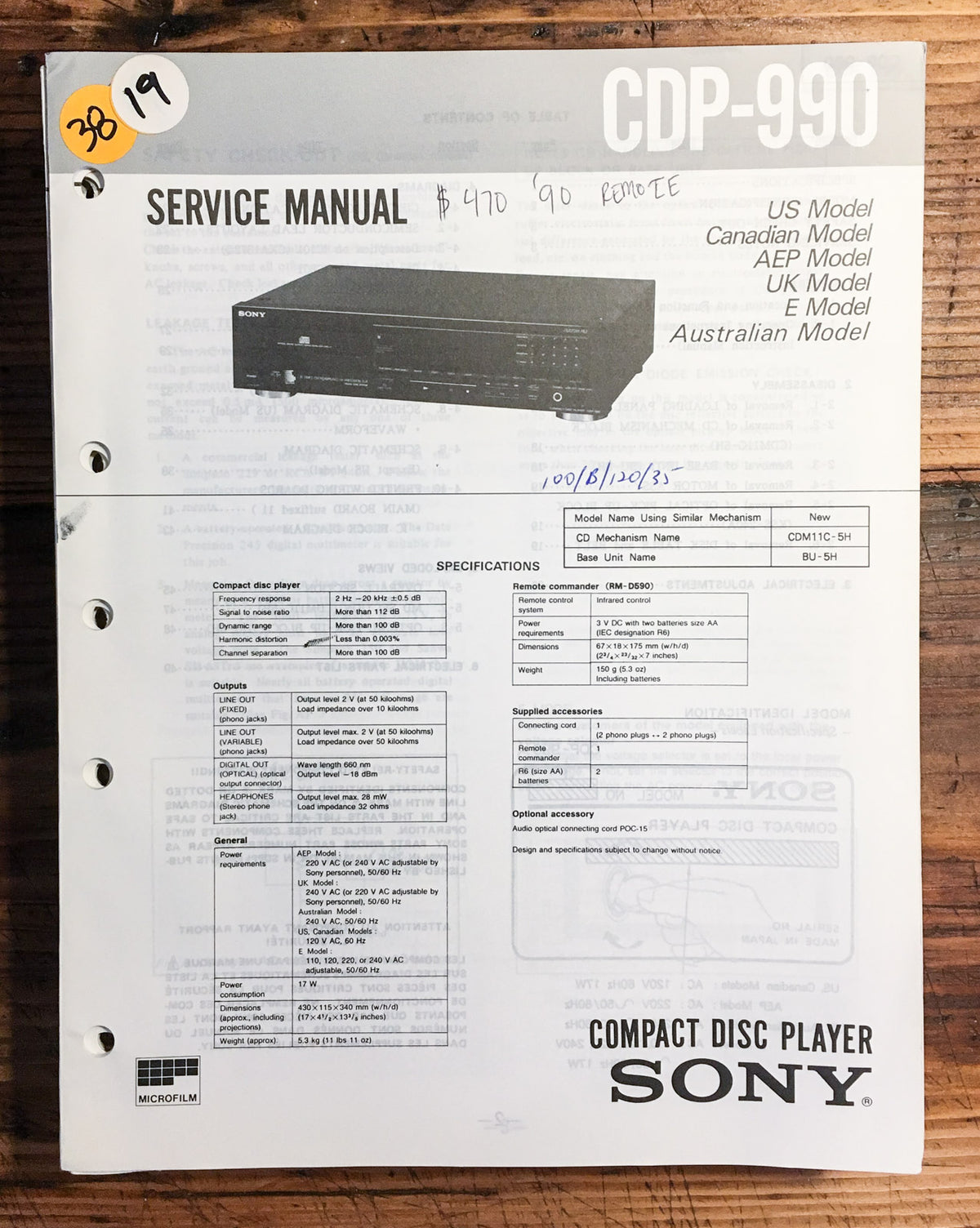 Sony CDP-990 CD Player  Service Manual *Original*
