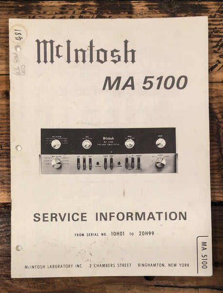 McIntosh MA 5100 Amplifier  Service Manual *Original* #1