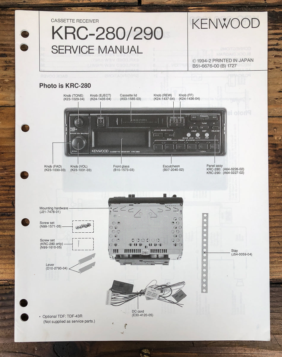 Kenwood KRC-280 KRC-290 Cassette Radio Service Manual *Original*