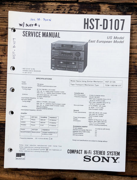 Sony HST-D107 Stereo  Service Manual *Original*