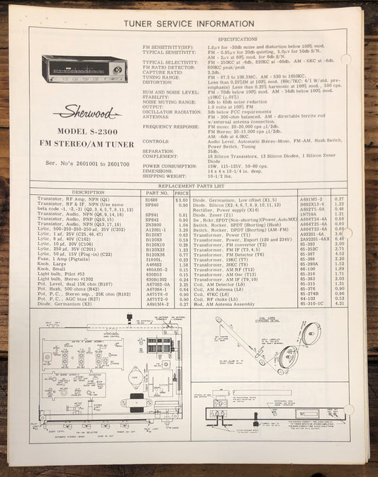 Sherwood S-2300 Tuner  Service Manual *Original*