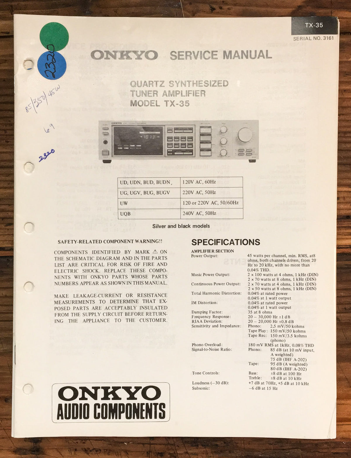 Onkyo TX-35 Receiver  Service Manual *Original*