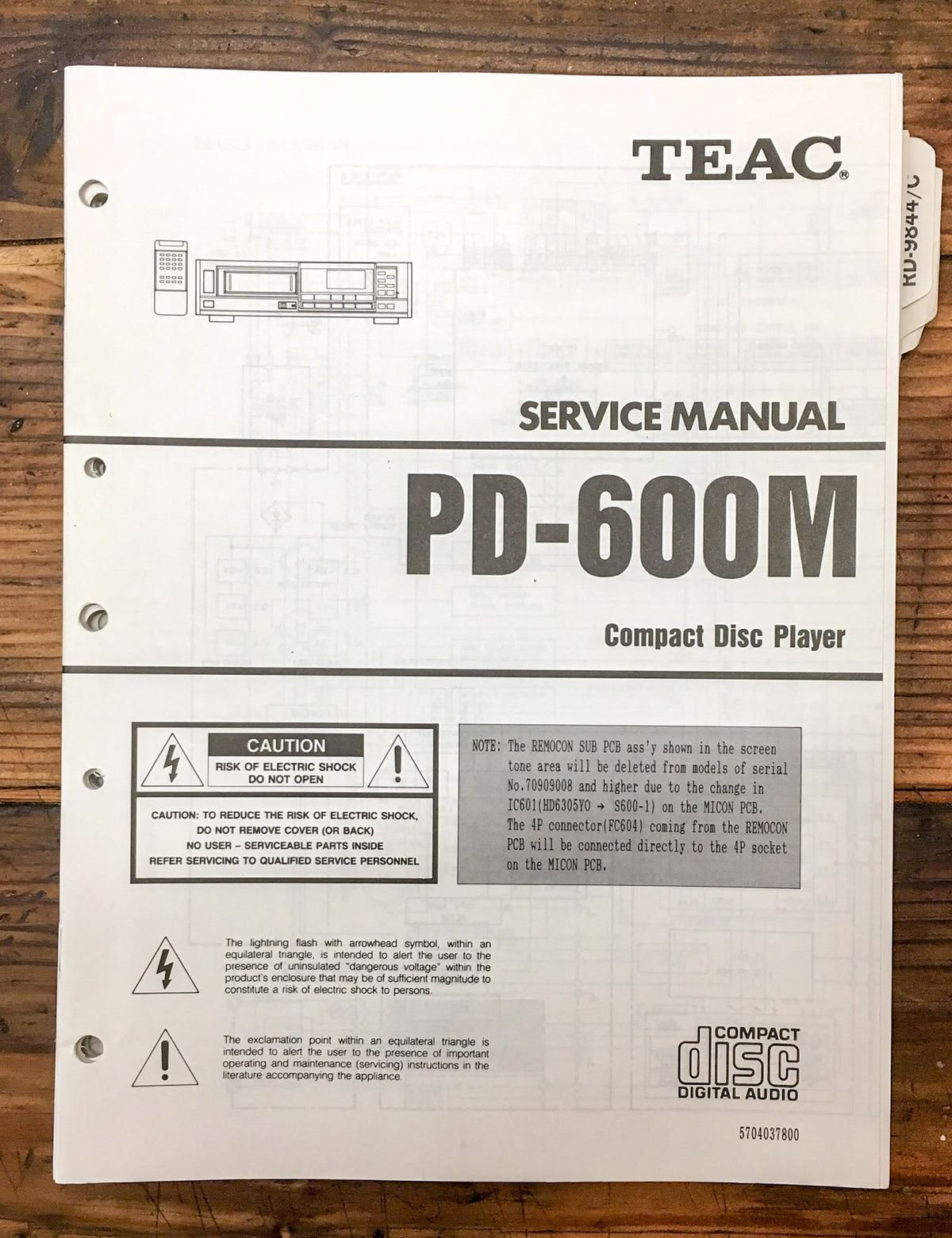 Teac PD-600M CD Player  Service Manual *Original*