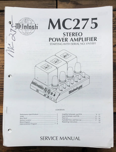 McIntosh MC275 MC-275 Amplifier  Service Manual *Original* #1