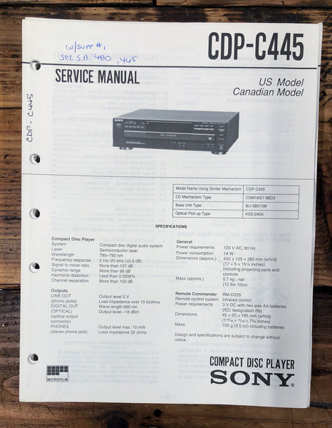 Sony CDP-C445 CD Player  Service Manual *Original*