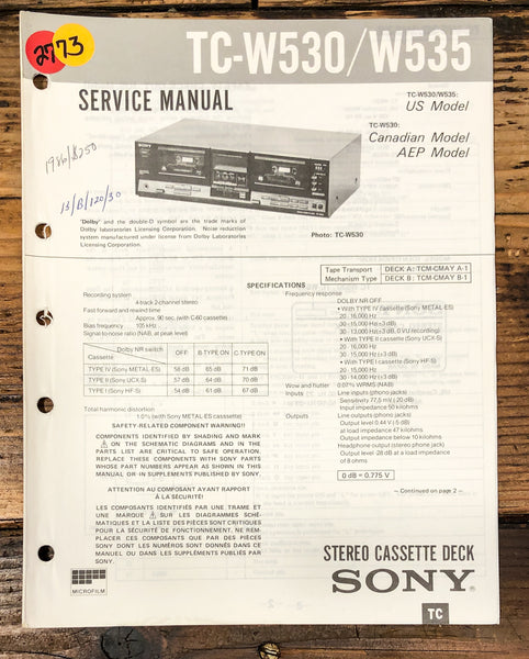 Sony TC-W530 TC-W535 Cassette Service Manual *Original*