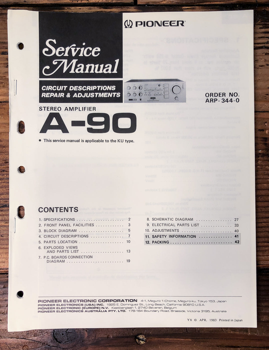 Pioneer A-90 Amplifier Service Manual *Original*