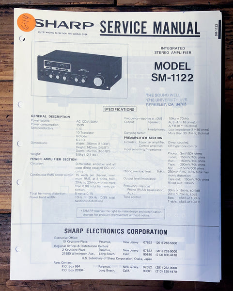 Sharp SM-1122 Amplifier  Service Manual *Original*