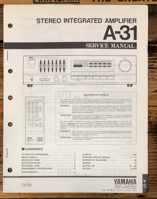 Yamaha A-31 Amplifier  Service Manual *Original*