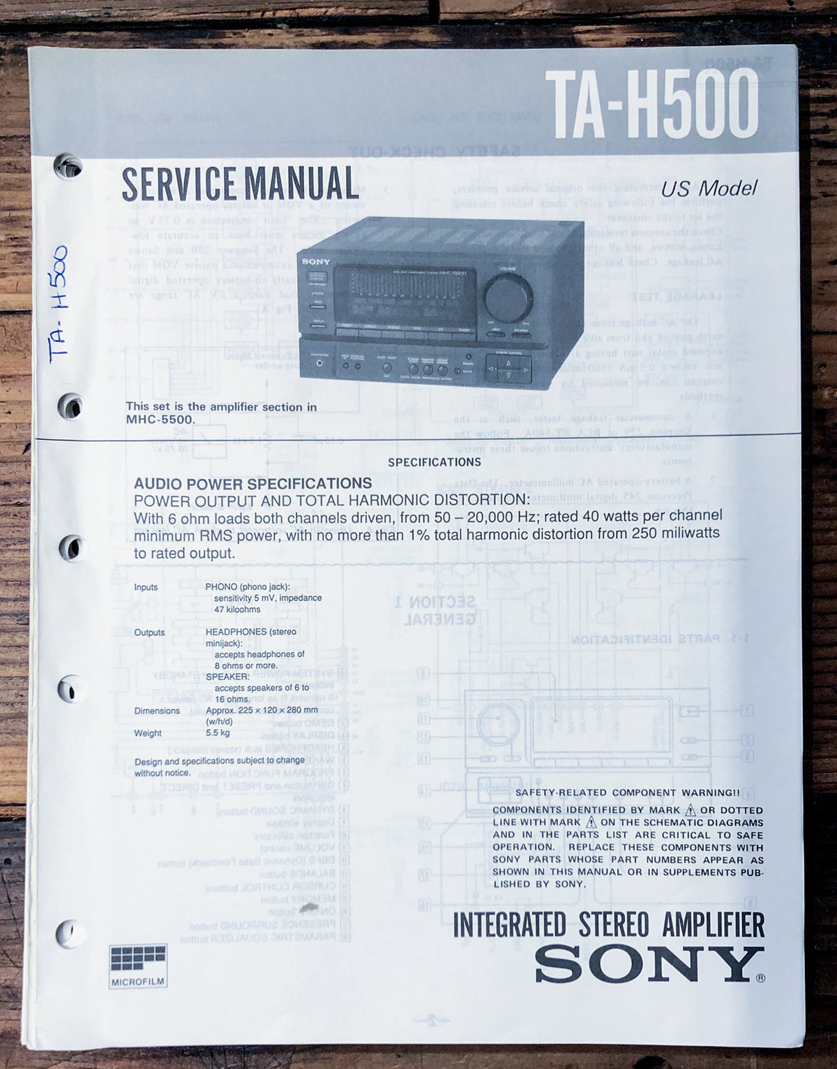 Sony TA-H500 Amplifier  Service Manual *Original*