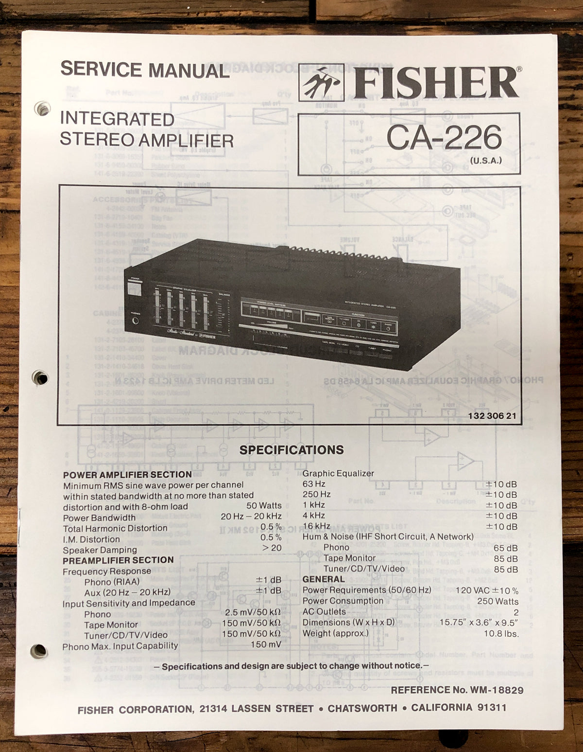Fisher CA-226 Amplifier  Service Manual *Original*