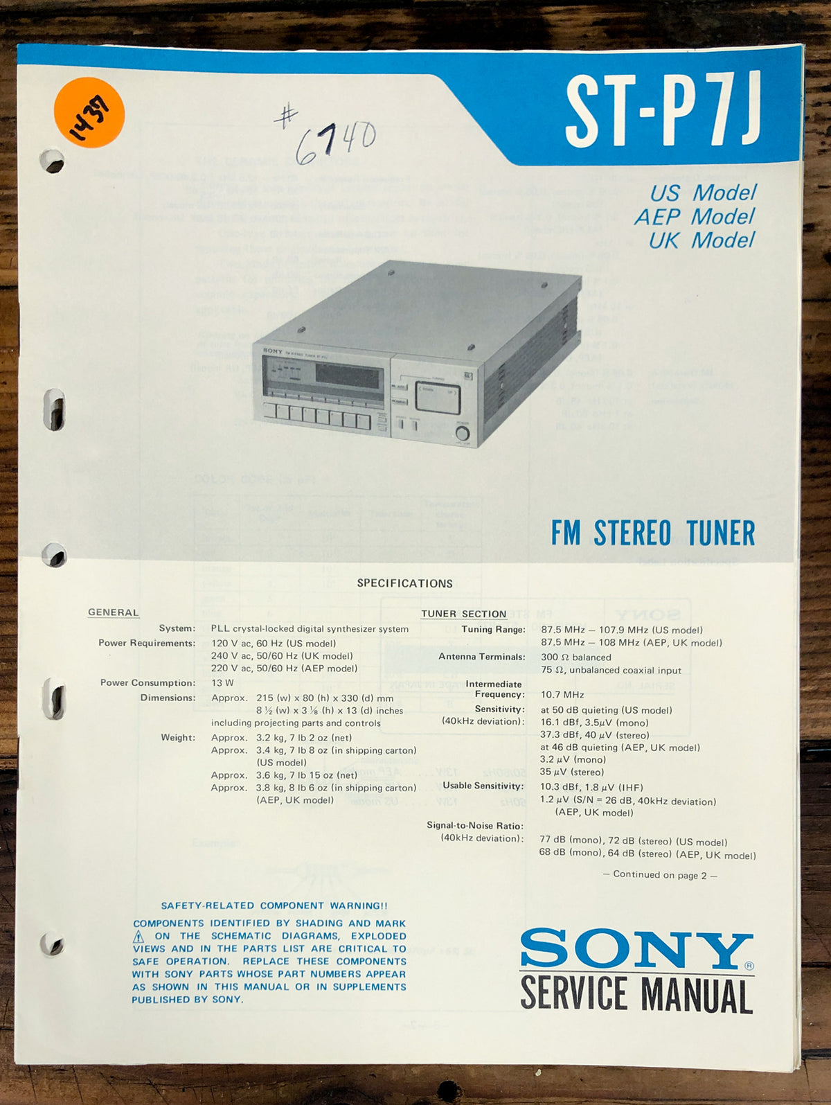 Sony ST-P7J Tuner  Service Manual *Original*