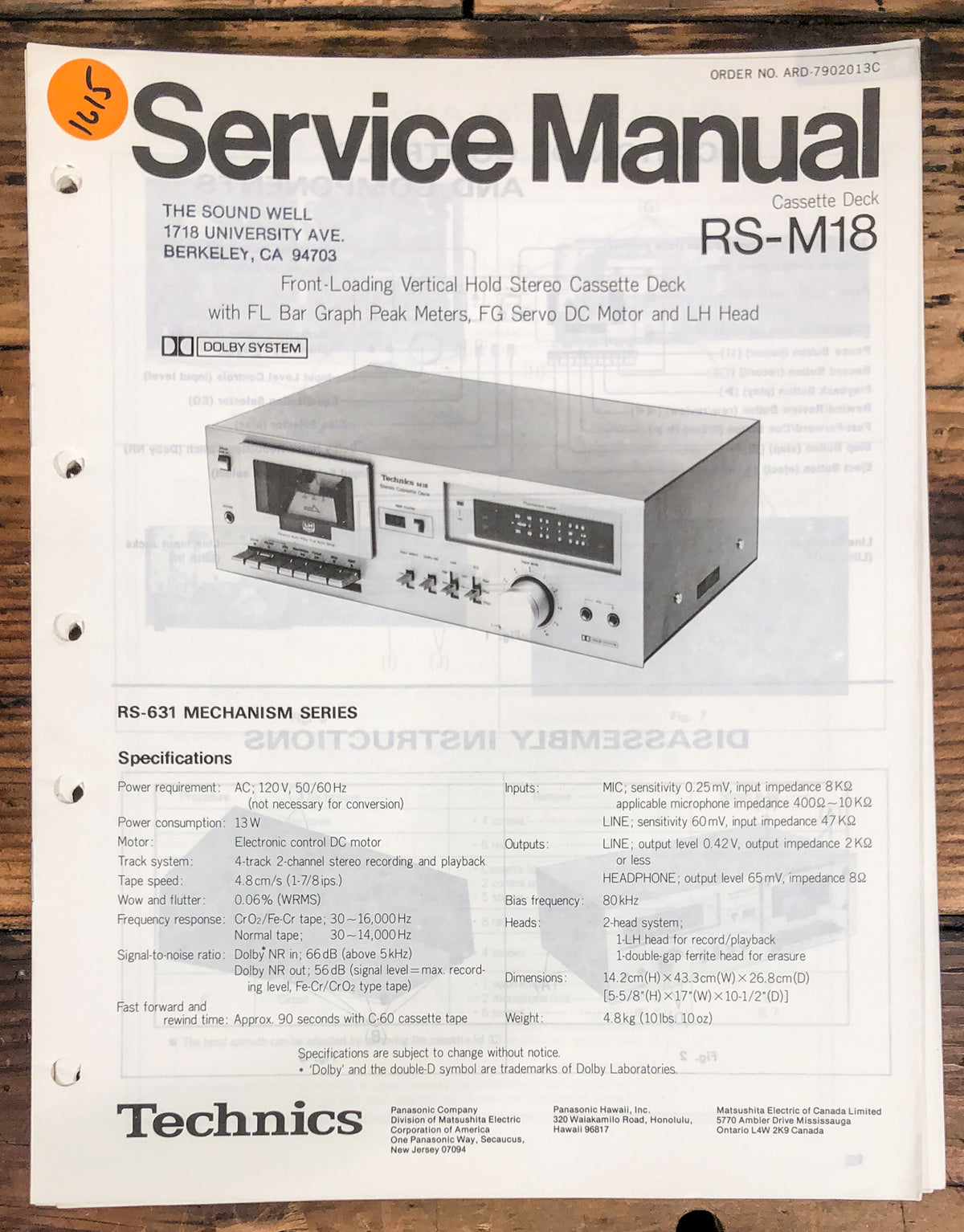 Technics RS-M18 Cassette  Service Manual *Original*