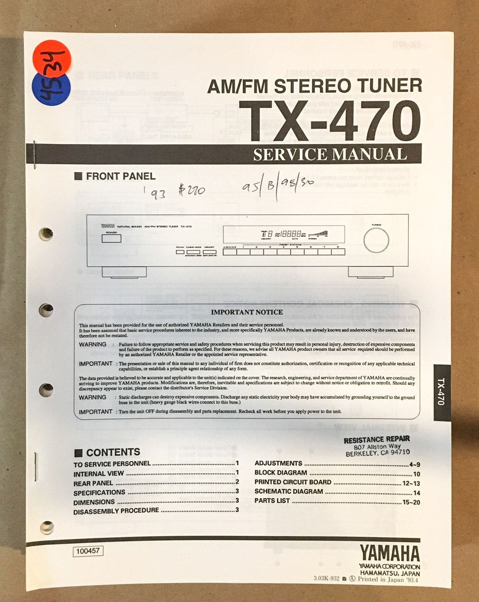 Yamaha TX-470 Tuner  Service Manual *Original*